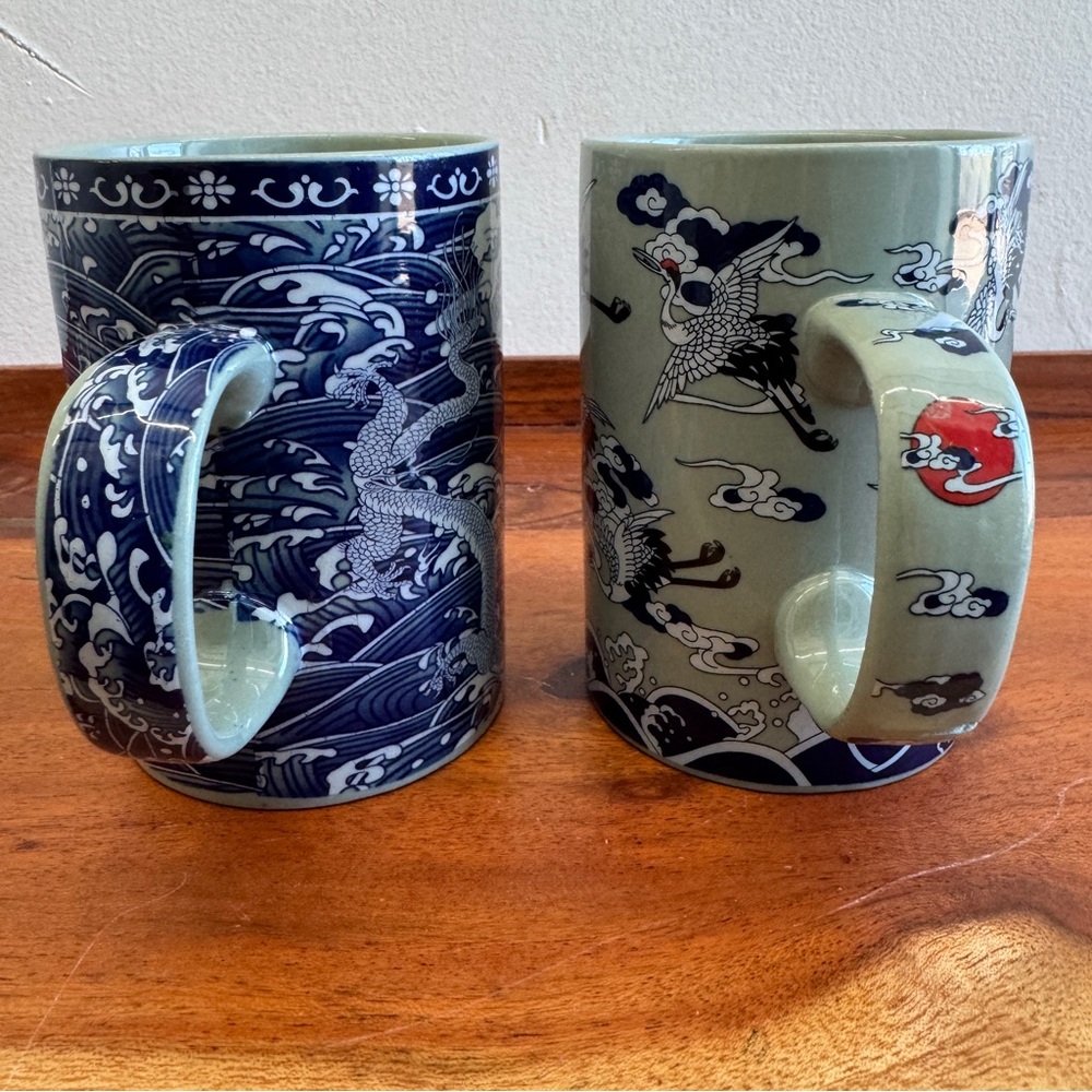 Vintage tall ceramic tea coffee mugs crane sun dragon waves East Asian style 2pc